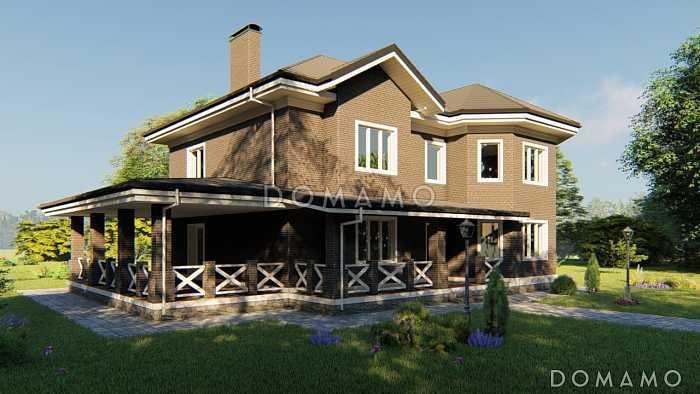 Проект загородного дома с террасами, детской и гостевой с эркером, сауной, просторной гардеробной на втором этаже 