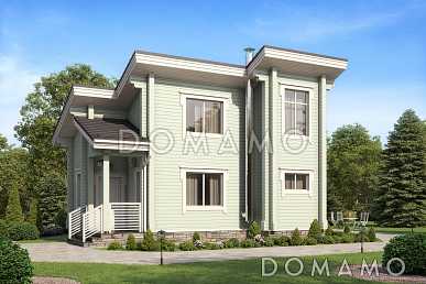 Проект узкого дома с косой крышей, кухней-гостиной, парной, спальней, балконом и вторым светом