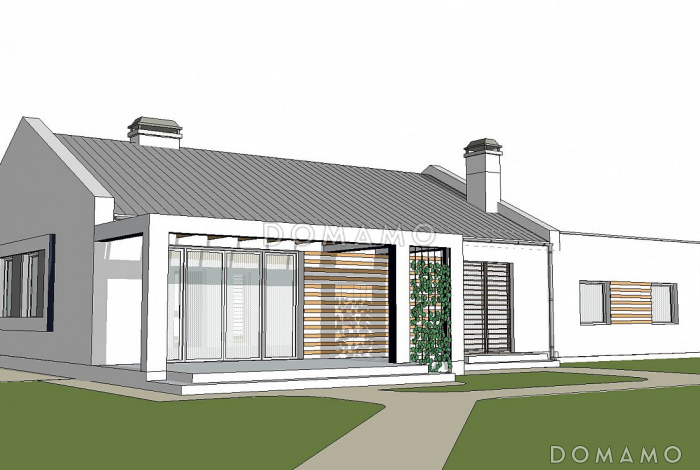 Проект одноэтажного дома из газобетона с современными элементами дизайна, с двумя спальнями и просторной дневной зоной и гаражом на 2 автомобиля