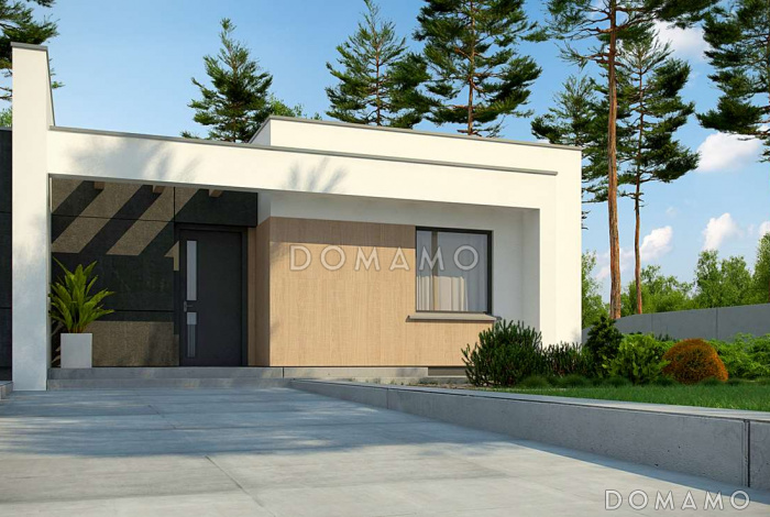 Проект компактного одноэтажного дома из газобетона с плоской крышей, с тремя спальнями и угловой крытой террасой