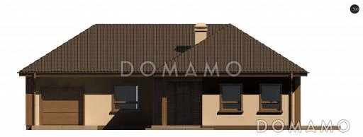 Проект небольшого одноэтажного дома из газобетона с тремя спальнями, красивой угловой террасой и гаражом / Фасад 1