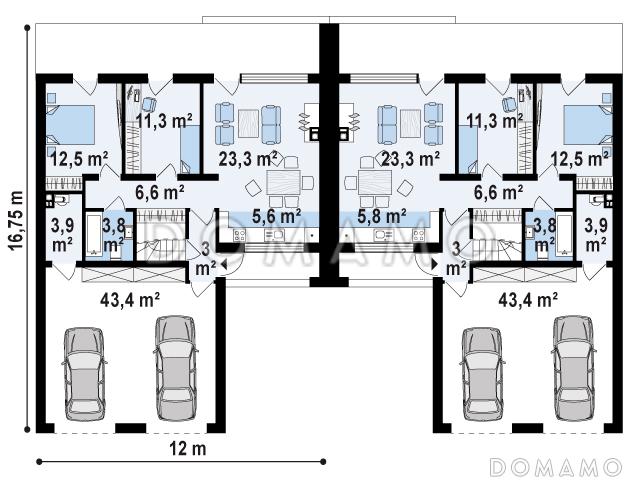 Проект современных мансардных домов-близнецов из кирпича с большим гаражом, открытой террасой на втором этаже и четырьмя спальнями / План 1 этажа
