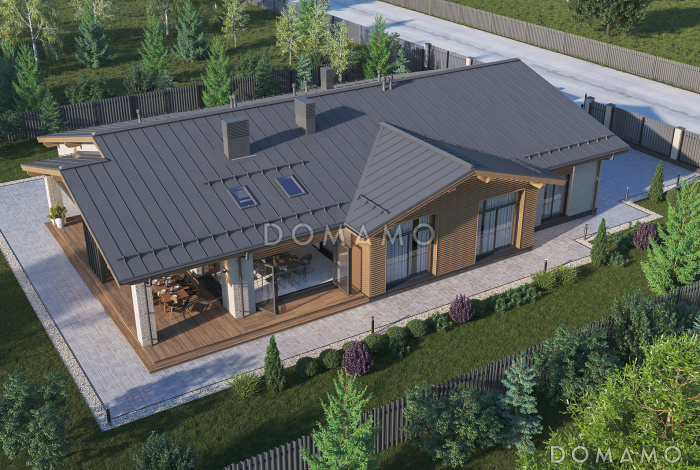 Проект современного дома с сауной, крытой террасой с барбекю, навесом для двух машин и 4 спальнями