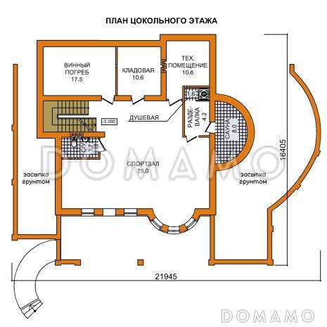 Проект дома из газобетона для неровных участков / План цокольного этажа