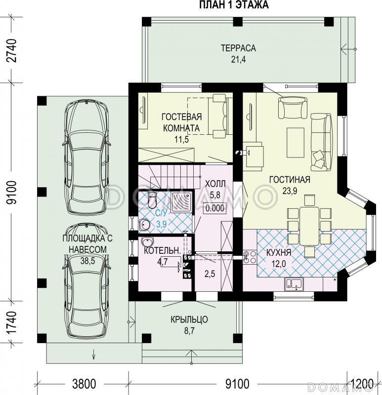 Проект дома с навесом на 2 машины, гостевой комнатой внизу и тремя спальнями наверху / План 1 этажа