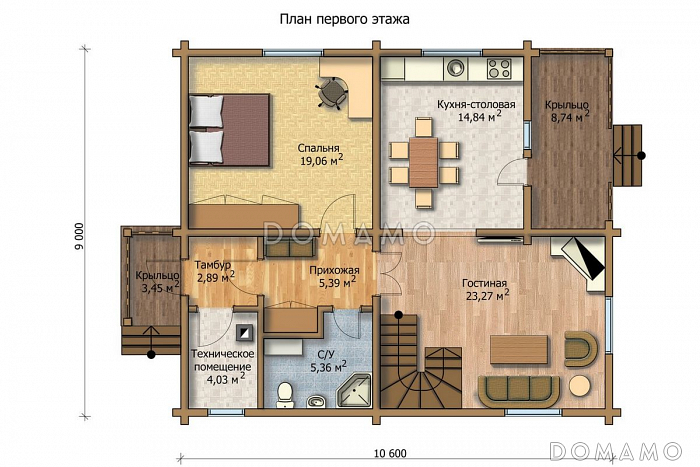 Проект дома из клееного бруса с большой спальней на первом этаже / План 1 этажа