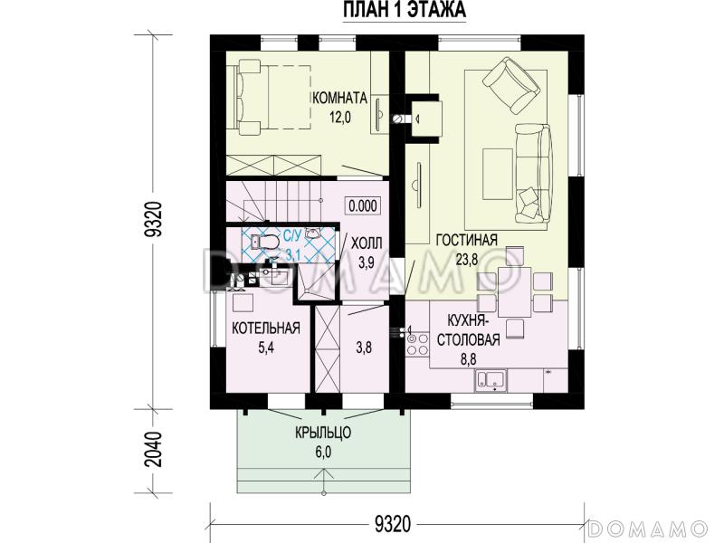 Проект загородного дома с крышей Судейкина, с отдельным входом в котельную,  спальней на первом этаже, ванной и санузлом на втором этаже / План 1 этажа