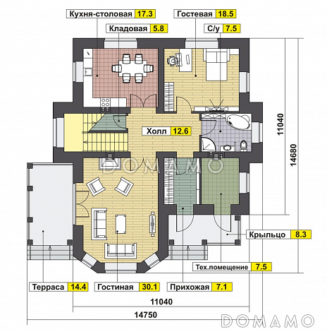 Проект оштукатуренного двухэтажного коттеджа в стиле модерн / План 1 этажа