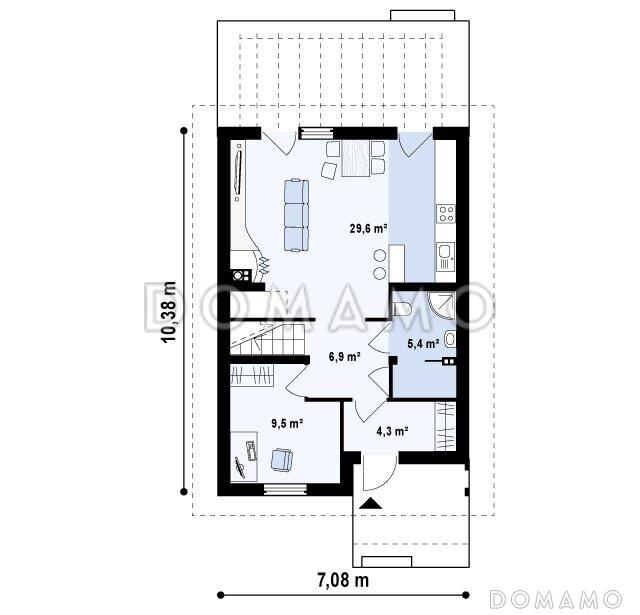Проект одноэтажного мансардного дома из газобетона с кабинетом и с высокой аттиковой стеной для каркасного строительства / План 1 этажа