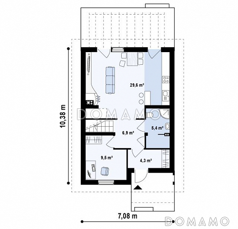 Проект одноэтажного мансардного дома из газобетона с кабинетом и с высокой аттиковой стеной для каркасного строительства / План 1 этажа