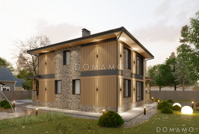 Проект двухэтажного дома из газобетона с окнами в пол и вторым светом