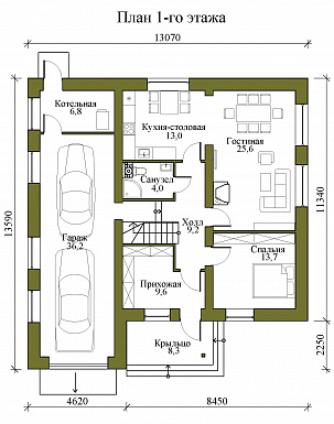 Проект двухэтажного газобетонного дома с гаражом на два машиноместа, тремя спальнями и кабинетом на втором этаже / План 1 этажа