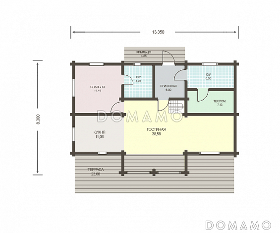 Проект двухэтажного дома из клееного бруса общей площадью более 200 м. кв. / План 1 этажа