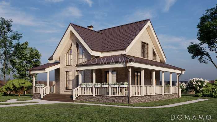 Проект двухэтажного газобетонного дома со вторым светом, просторной крытой террасой и сауной