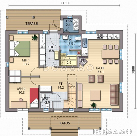 Проект каркасного дома с мансардой и небольшим балконом / План 1 этажа