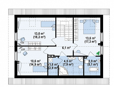 Проект одноэтажного мансардного дома из газобетона с дополнительной спальней и кабинетом на первом этаже / План мансардного этажа