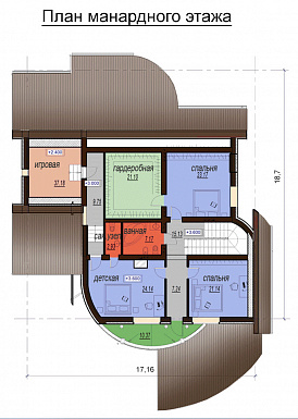 Проект одноэтажного дома с мансардным и цокольным этажами, с бассейном и зимним садом / План мансардного этажа