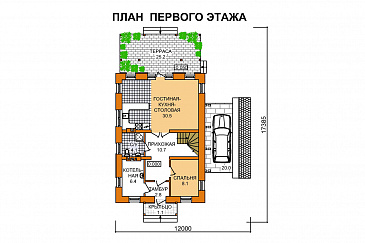 Коттедж с мансардным этажом и пристроенным навесом для машины / План 1 этажа