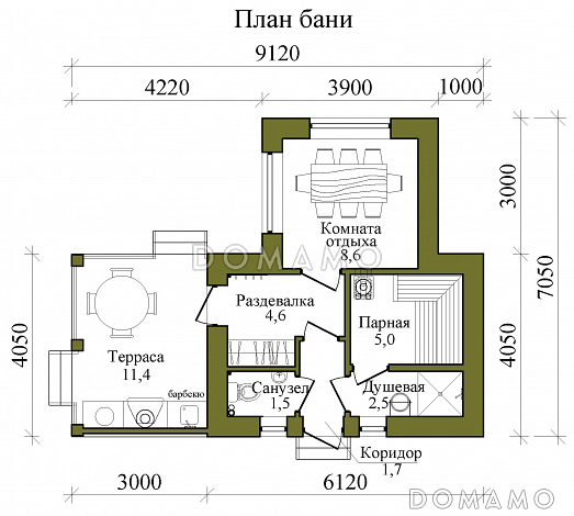 План газобетонной бани с барбекю в средневековом английском стиле / План 1 этажа