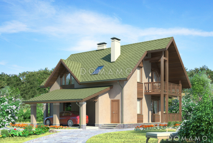 Проект дома из газобетона с навесом для автомобиля