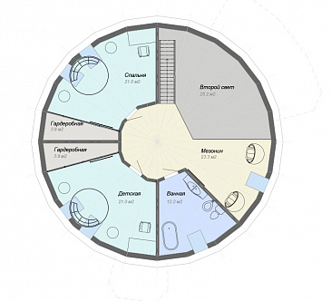 Проект сферического дома с большой гостиной с панорамным остеклением / План мансардного этажа