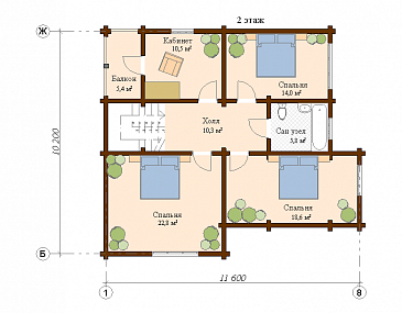 Проект деревянного дома с тремя спальнями на втором этаже и кабинетом с выходом на балкон / План мансардного этажа