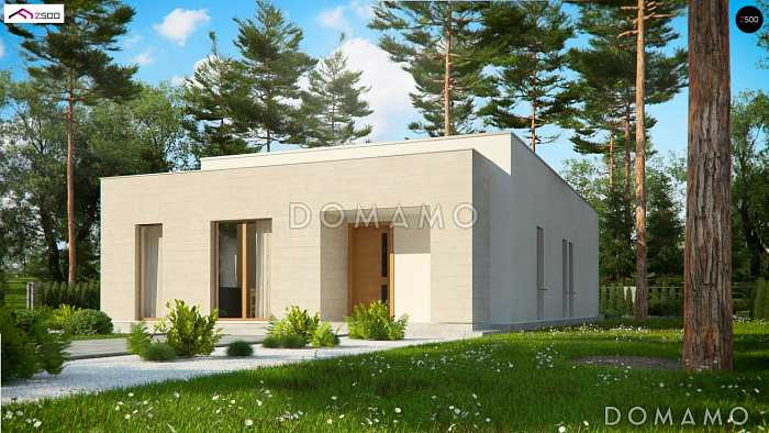 Проект одноэтажного дома из кирпича с плоской крышей, с угловым остеклением гостиной