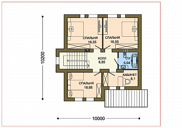 Проект коттеджа с зеленой крышей и желтыми кирпичными вставками / План 2 этажа