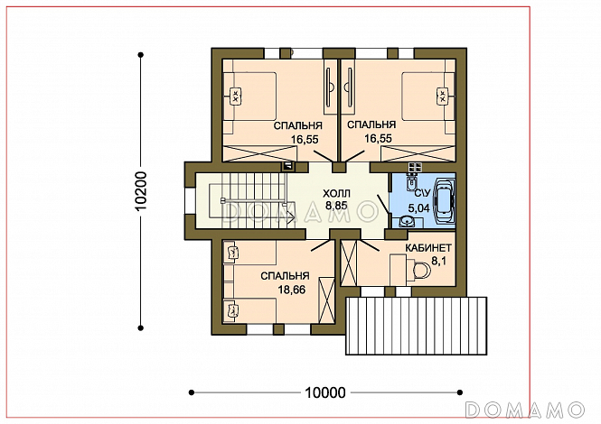 Проект коттеджа с зеленой крышей и желтыми кирпичными вставками / План 2 этажа