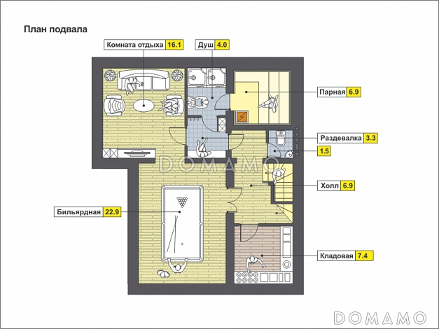 Проект дома с парной, бильярдной, навесом для машины, спальней с панорамным окном, / План цокольного этажа