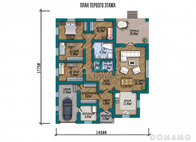 Проект одноэтажного дома со встроенным гаражом / План 1 этажа