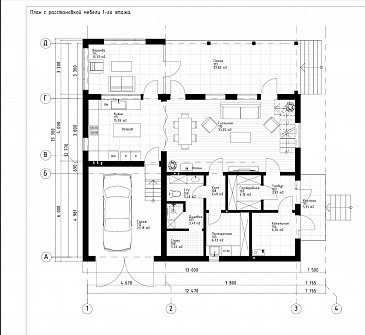 Проект двухэтажного каркасного дома с мансардой и гаражом / План 1 этажа