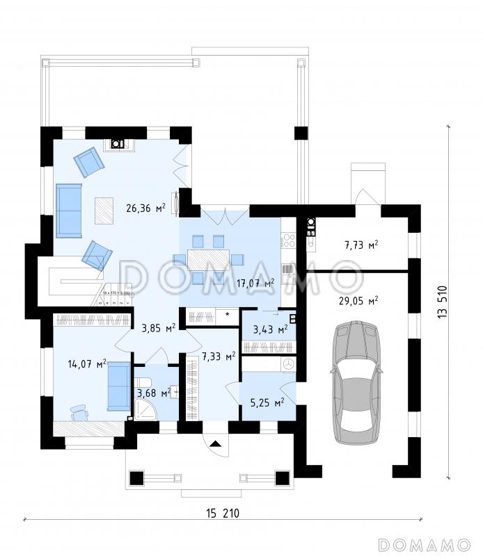 Проект современного двухэтажного дома из газобетона с четырьмя комнатами, гаражом и зимним садом на втором этаже / План 1 этажа