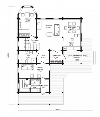 Проект дома из клееного бруса с тремя спальнями с французскими балконами, бильярдной и кладовой / План 1 этажа