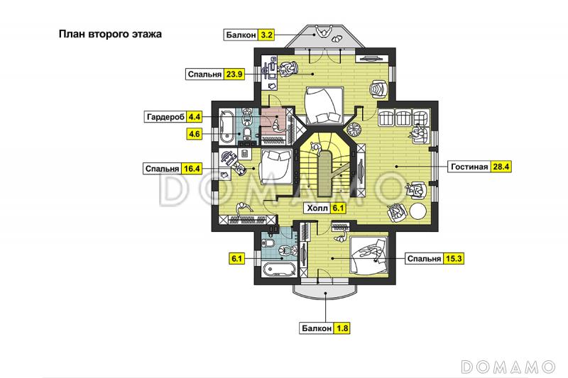 Проект дома с бассейном и просторной комнатой отдыха в цокольном этаже, сауной, гаражом на два автомобиля, открытой террасой, столовой с эркером / План 2 этажа