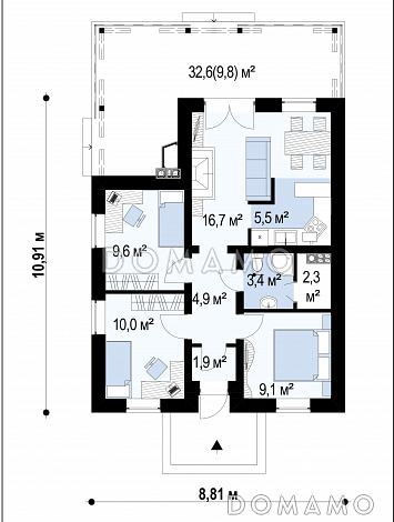 Проект компактного одноэтажного дома из кирпича с барбекю на большой террасе / План 1 этажа