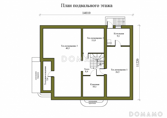 Проект двухэтажного дома из газобетона с двускатной крышей с подвалом, террасой и балконом / План цокольного этажа