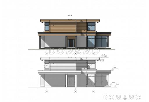 Проект просторного дома с навесом, верандой, сауной, 4 спальнями и кабинетом / Фасад 1