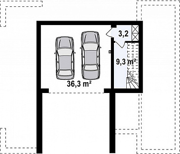 Проект современного двухэтажного дома из кирпича с подземным гаражом и террасой на втором этаже по периметру дома / План цокольного этажа