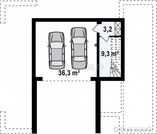 Проект современного двухэтажного дома из кирпича с подземным гаражом и террасой на втором этаже по периметру дома / План цокольного этажа