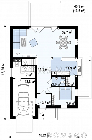 Проект мансардного дома из газобетона с пятью спальнями, гаражом и балконом / План 1 этажа