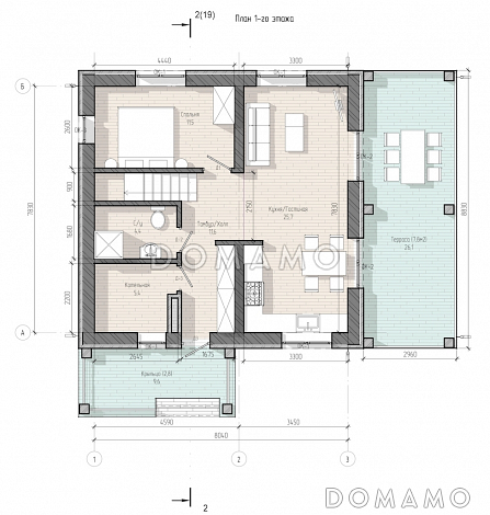 Проект двухэтажного дома с четырьмя спальнями и большой крытой террасой / План 1 этажа
