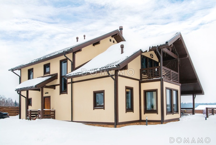 Проект каркасного дома с мансардой, 4 спальнями, кабинетом и сауной