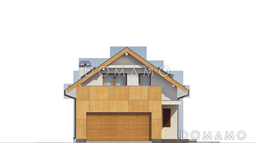 Проект одноэтажного мансардного дома из кирпича с гаражом на два автомобиля для вытянутого участка / Фасад 1