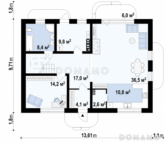 Проект удобного простого двухэтажного коттеджа из газобетона с кабинетом и просторной гостиной / План 1 этажа
