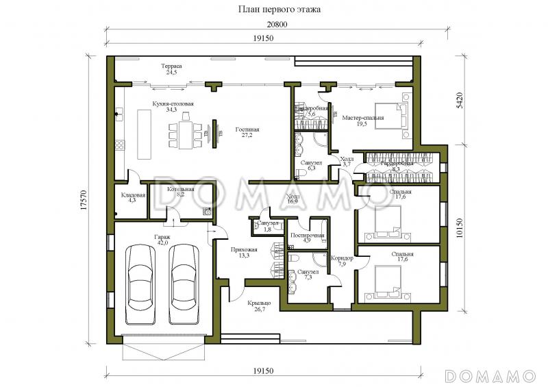 Проект просторного одноэтажного дома в стиле хай-тек с гаражом / План 1 этажа