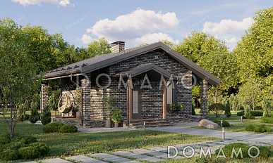 Проект компактной одноэтажной бани в классическом стиле с большой террасой, витражным остеклением и просторной комнатой отдыха