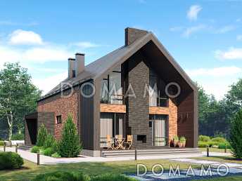 Проект дома с террасой, просторной гостиной, комнатами с санузлом