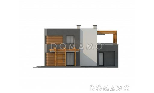 Проект двухэтажного дома из кирпича с плоской крышей, со спальной зоной и террасой на втором этаже и гаражом / Фасад 3