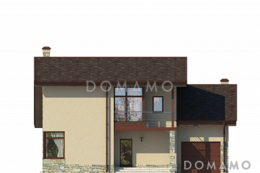 Проект дома с гаражом, гостиной с панорамным окном, тремя спальнями на мансардном этаже, кладовой / Фасад 1